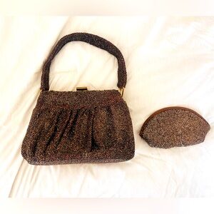 Vintage 1940s Du Bonnette copper beaded handbag with matching coin purse